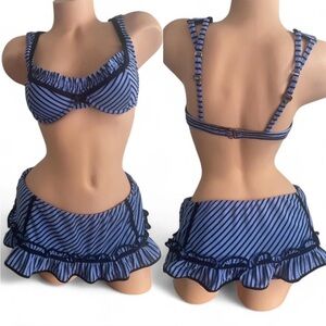 Betsey Johnson Bikini Blue and Black Striped Ruffle Skirt Embroidered Size L